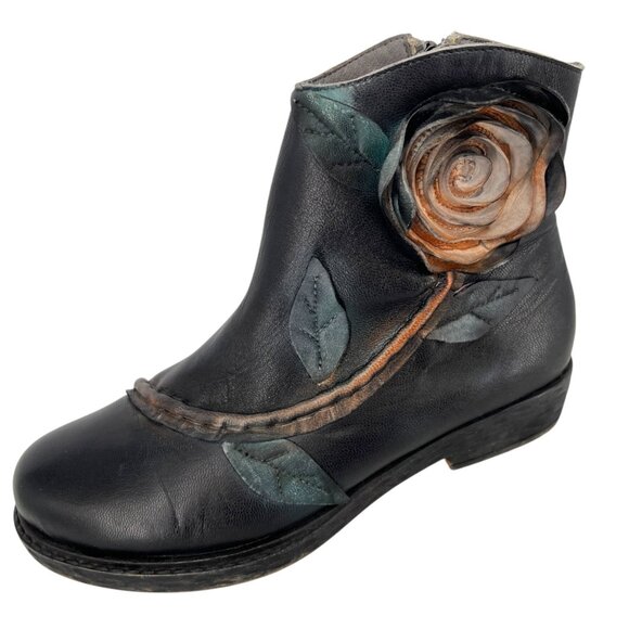 Socofy Floral Dimensional Black Leather Ankle Boots Size 41 - Picture 2 of 16
